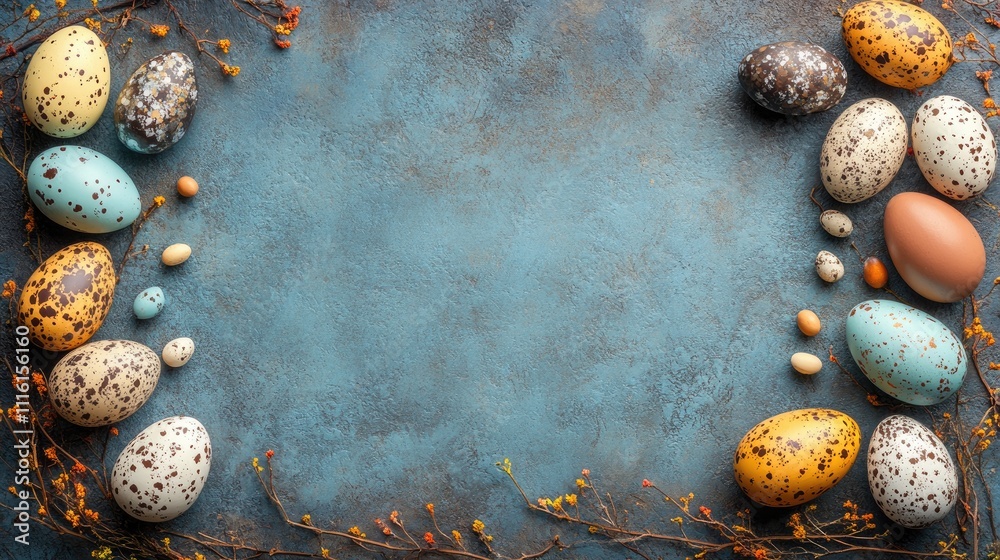Poster Rustic spring composition of colorful Easter eggs surrounded by natural elements on a textured blue surface