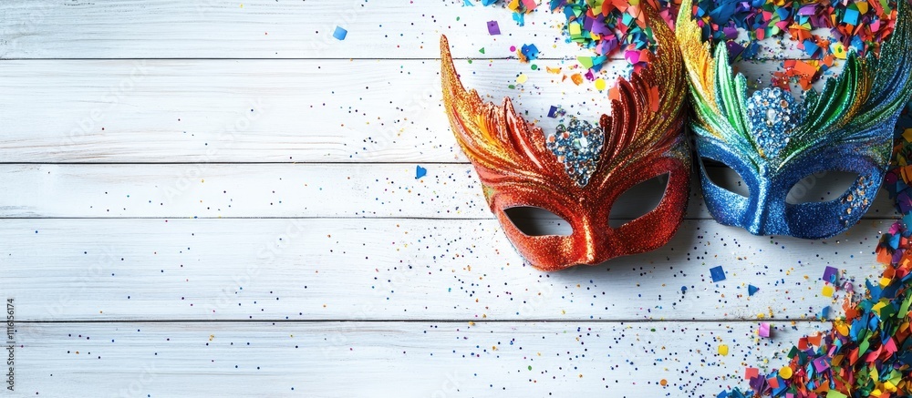 Aufkleber colorful carnival masks with confetti and a blank frame on white wood background for festive celebra