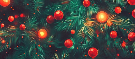 Vibrant Christmas Tree Close Up with Green Branches Red Baubles and Warm Lights Festive Decoration Background for Holiday Celebrations