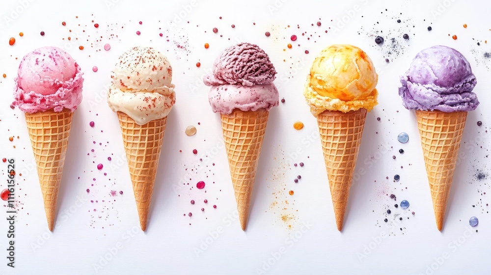 Poster colorful assortment of ice cream scoops in waffle cones with splashes on a white background showcasi