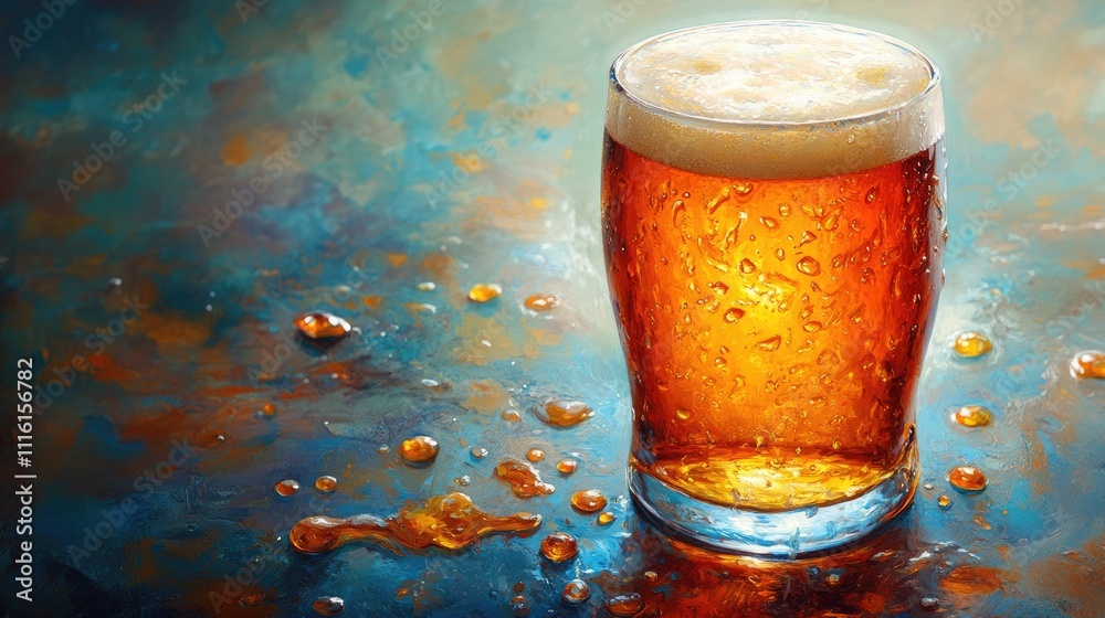 Poster close up view of a chilled glass of beer with droplets on the surface and spills of beer on a colorf