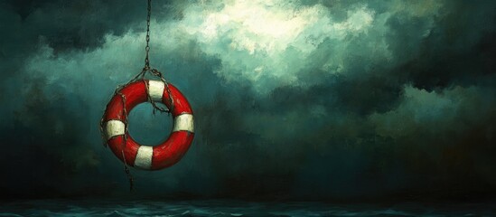 Obraz premium Hanging rescue buoy against a stormy sky symbolizing safety and hope in turbulent maritime conditions