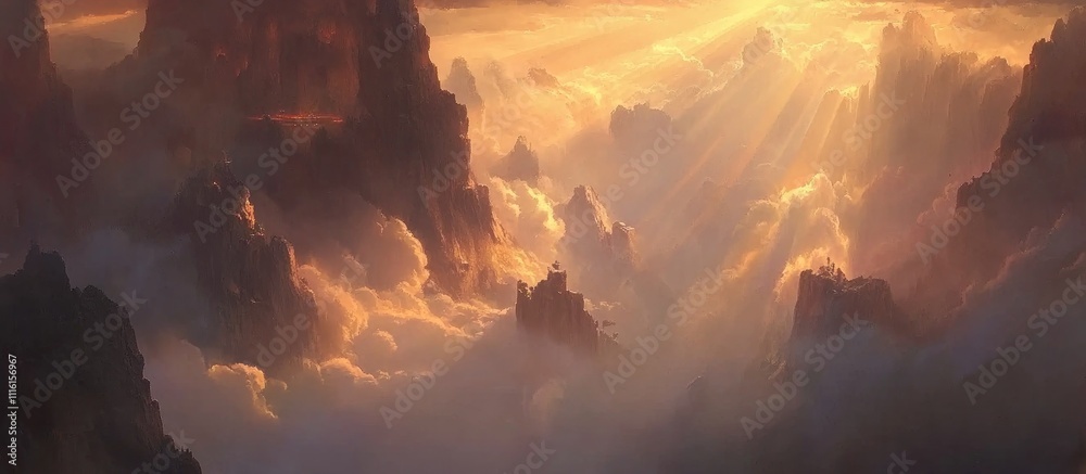 Poster Aerial view of a stunning cloudscape at sunset with rays of light creating a serene and dramatic atmosphere of shadows and illumination