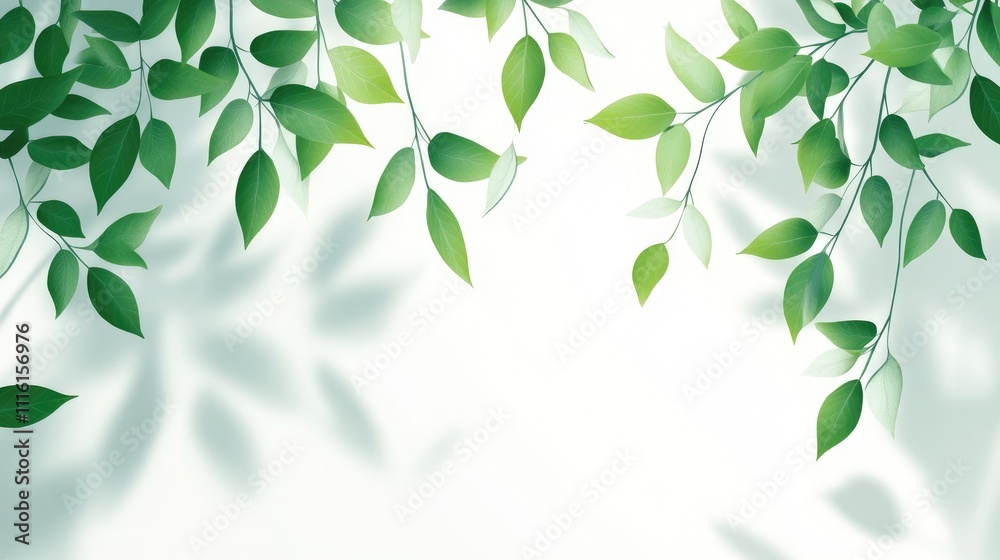 Poster Delicate green leaves casting soft shadows on a light background creating an ethereal natural ambiance for creative projects