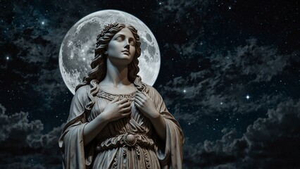 Statue of Selene, the moon goddess, holding a silver moon, dressed in a robe adorned with stars, set against the backdrop of a moonlit night sky, with carvings depicting her deep connection to the nig