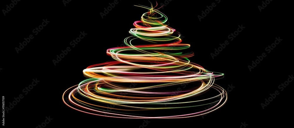 Poster colorful light swirls forming a christmas tree on a black background creating a festive and vibrant 