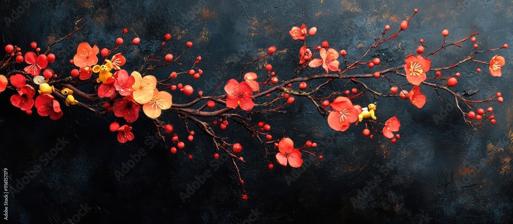 Poster decorative tree branch with vibrant flowers and berries on a dark background space for messages and 