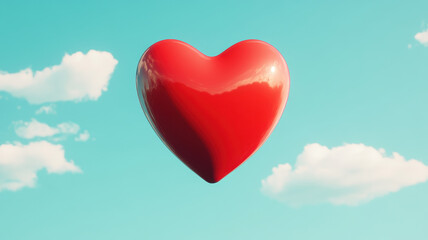 Fototapeta premium vibrant red heart floats gracefully in serene blue sky with fluffy clouds, evoking feelings of love and tranquility