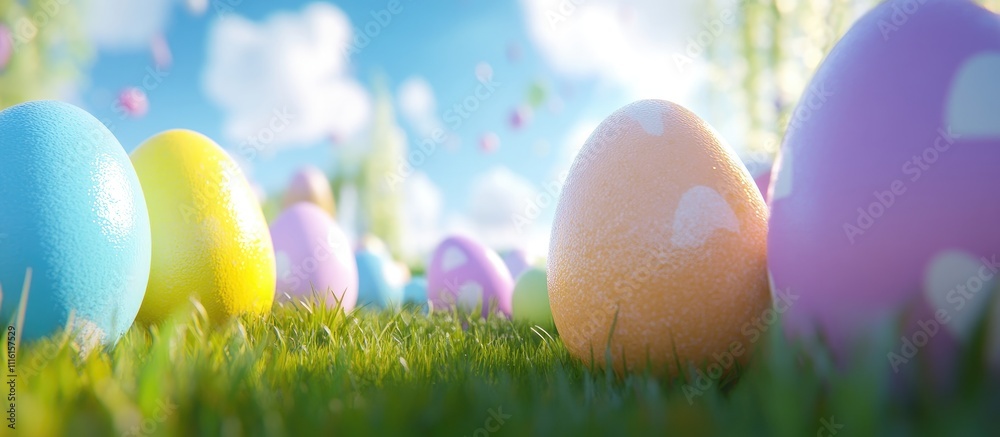 Aufkleber vibrant colored easter eggs scattered on green grass under a bright blue sky with fluffy clouds crea