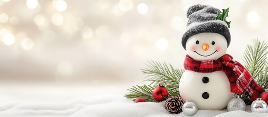 Festive Snowman Decorated with Hat and Scarf Surrounded by Christmas Ornaments and Pine Branches on a Soft Background