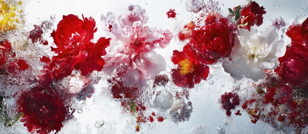 Poster A vibrant arrangement of colorful flowers submerged in water creating dynamic bubbles and textures on a clean white background