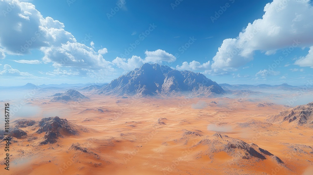 Poster aerial view of expansive desert landscape with distant mountains and dramatic cloud formations under