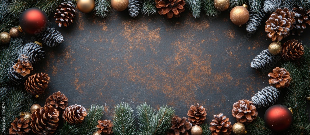 Aufkleber winter holiday frame with pine cones and ornaments creating a festive backdrop for greeting cards or