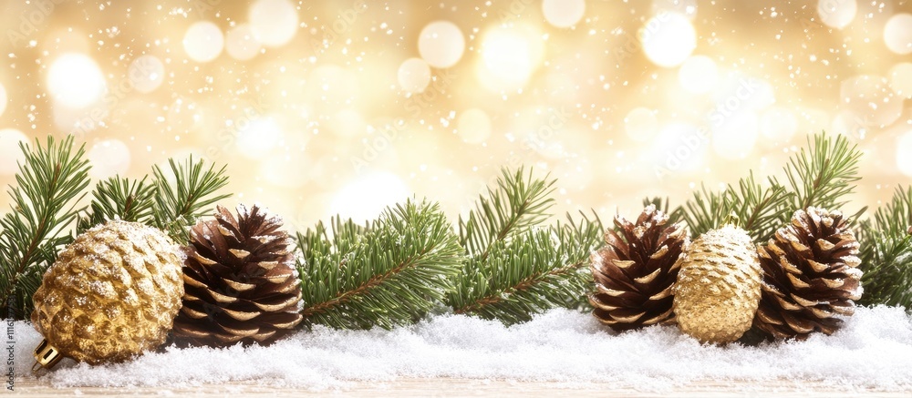 Poster christmas decorations with fir tree branches and pine cones on a snowy wooden surface with golden sp