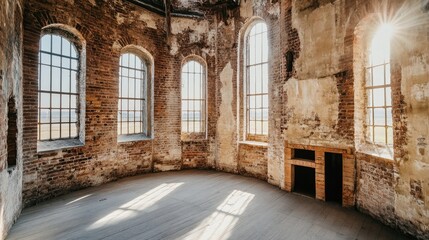 Fototapeta premium Historic red brick wall interior with tall windows illuminating a rustic space and showcasing aged architectural details