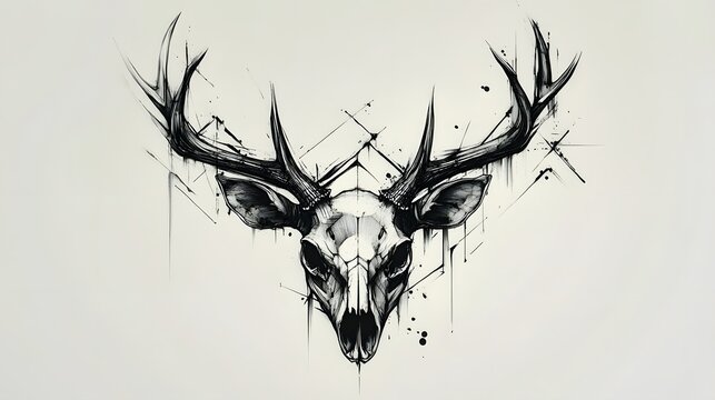 Monochrome deer skull with antlers, geometric design.