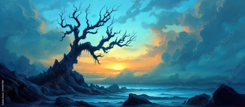 Aufkleber leafless tree silhouette against a vibrant dawn sky with warm sunlight and serene ocean waves creati