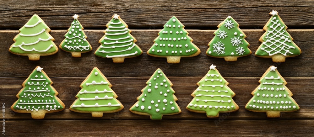 Poster christmas tree shaped cookies decorated with icing arranged on a wooden table from an aerial perspec