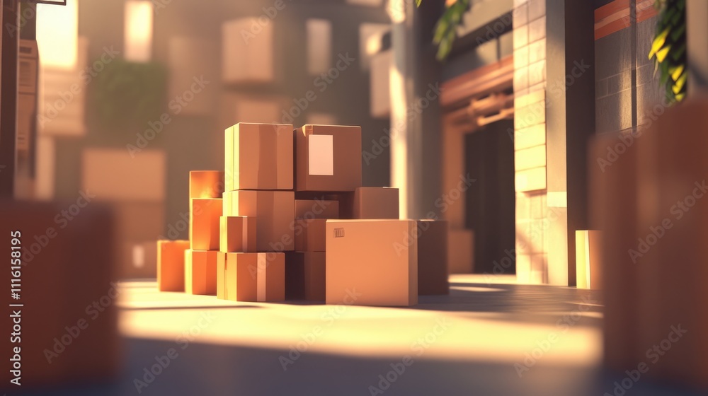 Poster stacked cardboard boxes in a sunlit storage room creating an organized and minimalist atmosphere ide