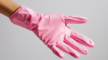 Wearing glossy pink rubber gloves against a clean white background, representing hygiene and cleanliness, household tasks, home care, vivid color.