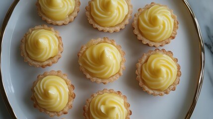 Mini lemon custard tarts arranged neatly on a white plate showcasing their creamy texture and golden color from an overhead view