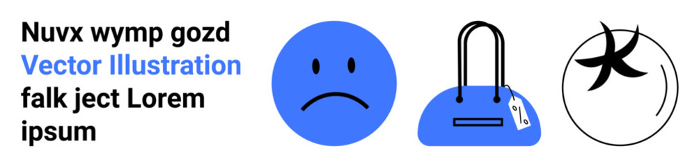Sad face icon, handbag with tag, and Pisces zodiac sign next to placeholder text. Ideal for emotional expressions, fashion, astrology, placeholders, design concepts, marketing materials website