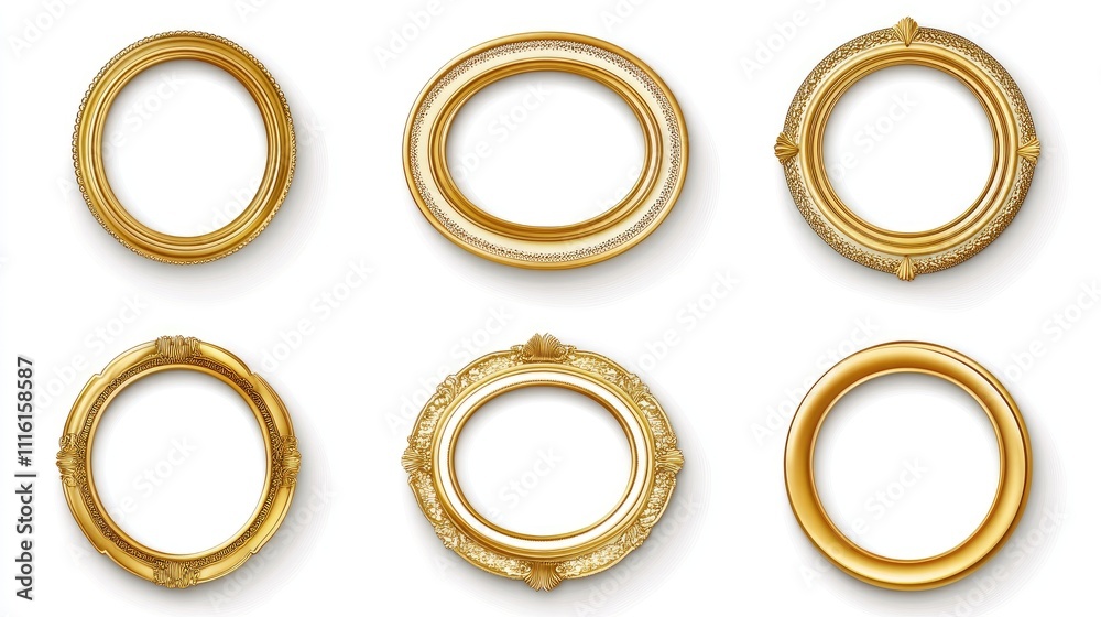 Poster set of six elegant golden vintage frames isolated on white background for art display or design proj