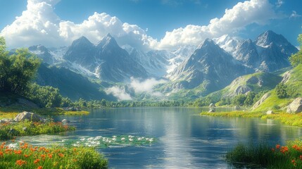 Breathtaking valley scene with majestic mountains and a serene river, surrounded by lush greenery and vibrant wildflowers under a clear blue sky, nature, landscape, tranquility, outdoor beauty.