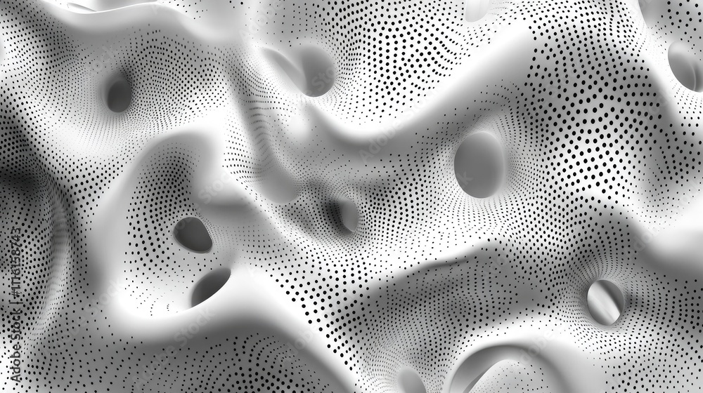 Poster Abstract black and white texture of perforated aluminium cladding creating a modern architectural facade with urban design elements