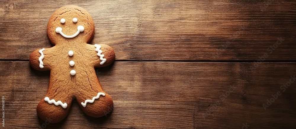 Poster gingerbread man on a rustic wooden table with festive decorations creating a cheerful holiday atmosp
