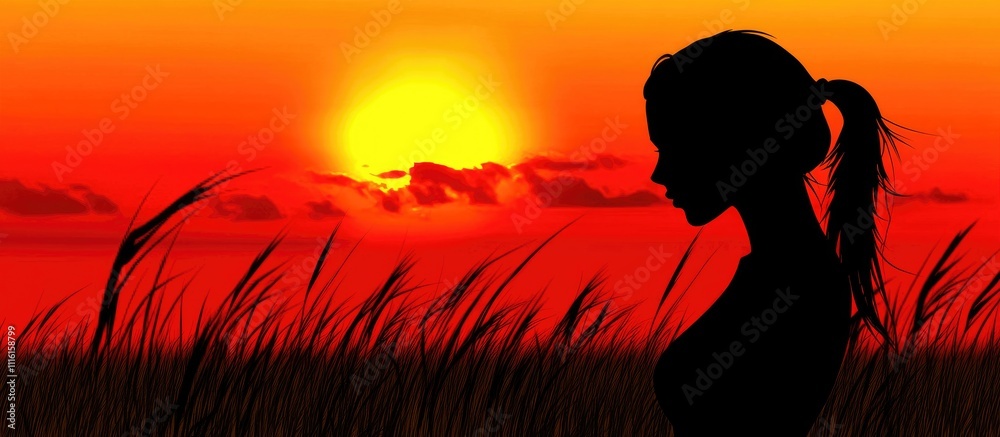 Poster silhouette of a woman watching a vibrant sunset with tall grass in the foreground creating a serene 