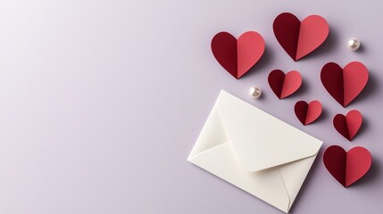 Heart-shaped paper cut-outs and envelope concept. Valentine's theme with hearts and an envelope on a pastel background