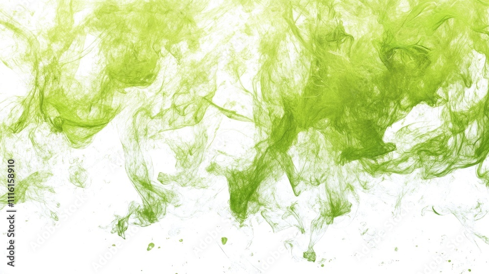 Poster green smoke or ink swirling in a dynamic pattern on a clean white background for creative design and