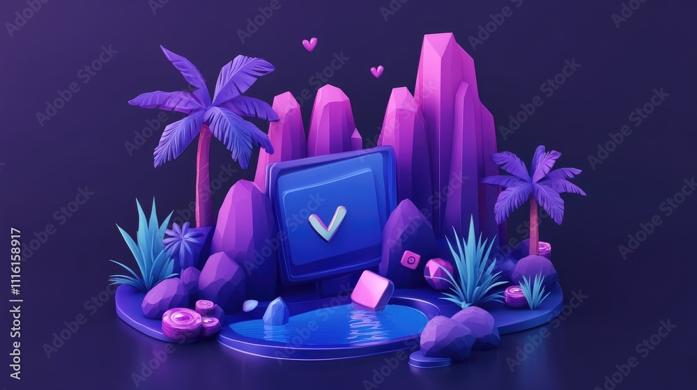 Poster vibrant 3d concept art representing website development and seo services with tropical elements and 