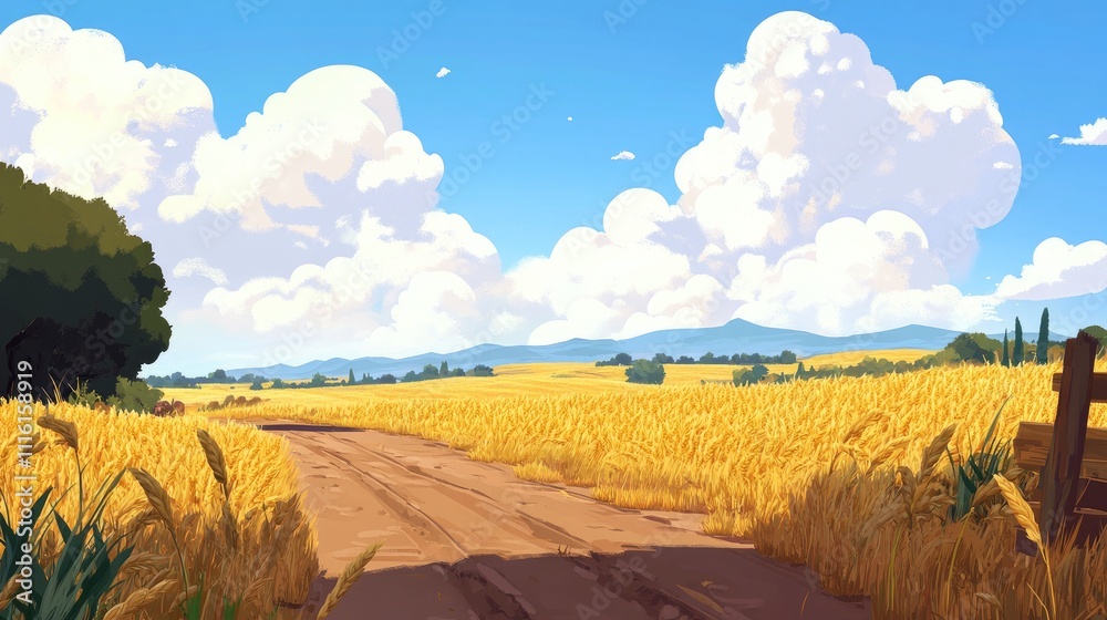 Poster golden cereal fields under a bright blue sky with fluffy clouds and a dirt path leading through lush