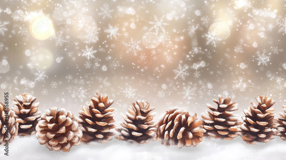 Aufkleber christmas snowy background with pine cones and soft bokeh light effects creating a festive winter at