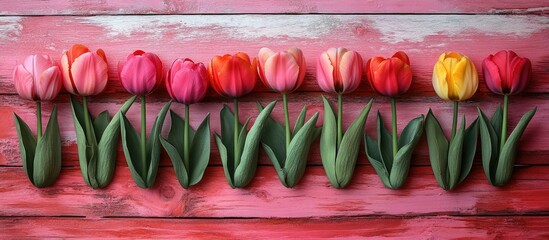 Fototapeta premium Colorful tulips arranged on rustic wooden boards painted in soft pink and white hues for a vibrant floral display