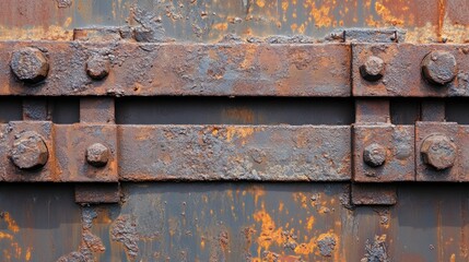 Rusty industrial iron plate with bolts and weathered texture in a heavy industry setting.