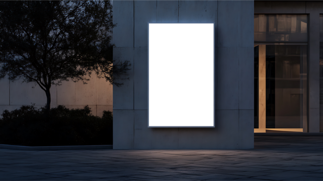 Vertical blank transparent billboard isolated on a building wall, perfect for advertising mockups and design presentations.