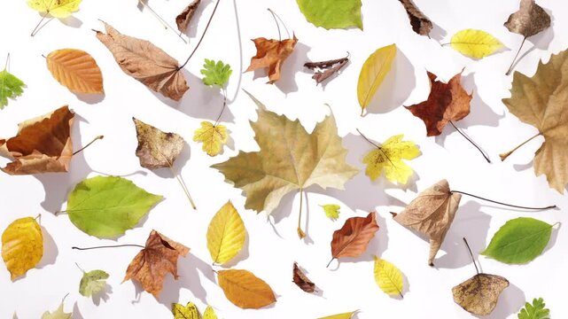 360 Rotation einer harmonische Sammlung bunter Herbstbl&auml;tter verschiedener Baumarten bei Sonnenlicht auf wei&szlig;em Hintergrund mit harten langen Schatten