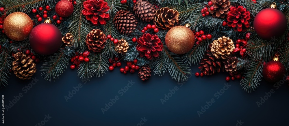 Poster christmas backdrop with fir branches pine cones red and gold ornaments creating a festive and elegan