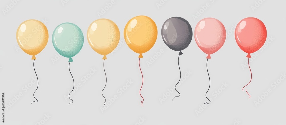 Poster Colorful balloons floating against a soft gray background with delicate ribbons creating a festive and cheerful atmosphere for celebrations