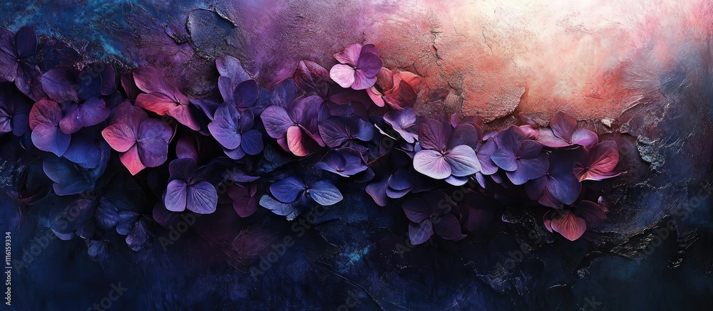 Aufkleber vibrant abstract artwork featuring an array of purple hydrangeas blending with dark textures and lum