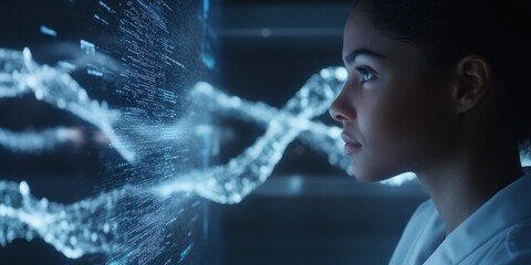Woman Observing Futuristic Holographic Data Stream Interface  Digital Technology Innovation Research