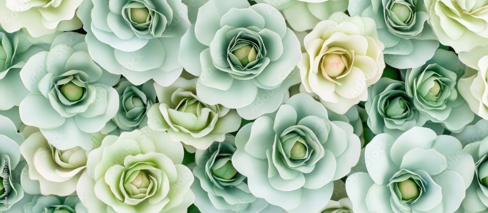 Poster delicate closeup of lush green and soft white roses creating a serene floral backdrop for elegant de