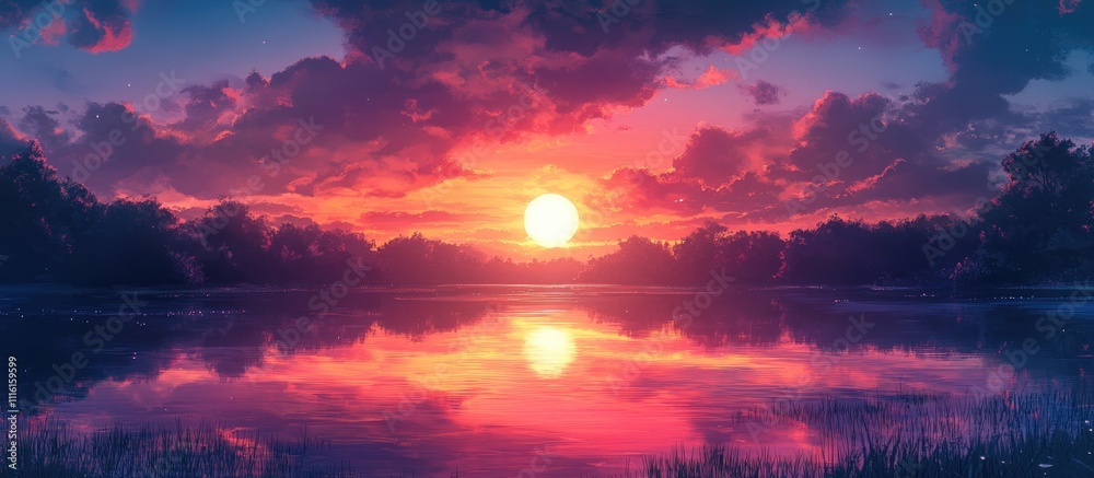 Poster vibrant sunset over serene waters with colorful clouds reflecting in the calm lake surrounded by lus