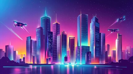 Naklejka premium Neon-lit cityscape at night with flying drones.