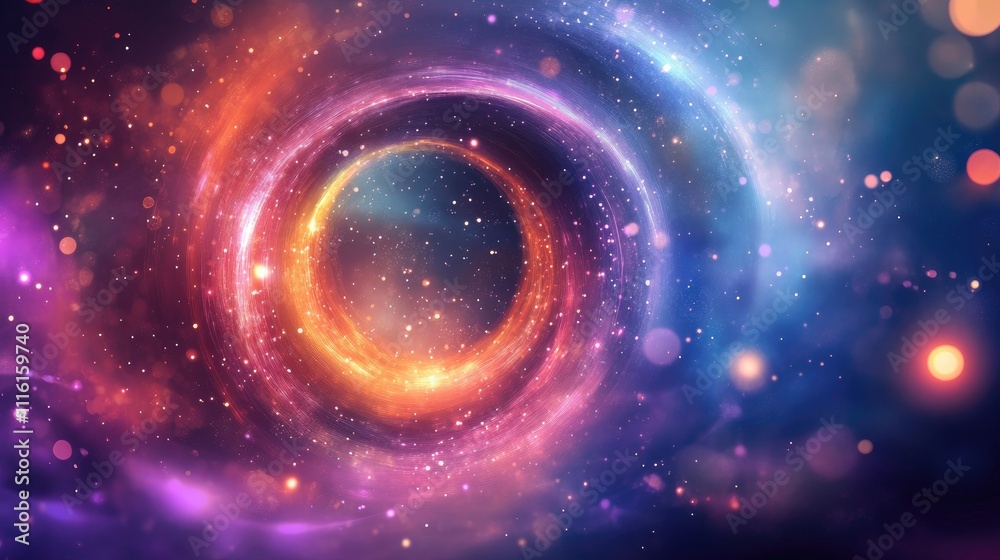 Poster Vibrant abstract bokeh background featuring swirling circular patterns illuminated by festive party lights and cosmic elements