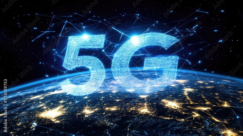 Poster 5g wireless network technology concept with digital representation of the earth showcasing global co