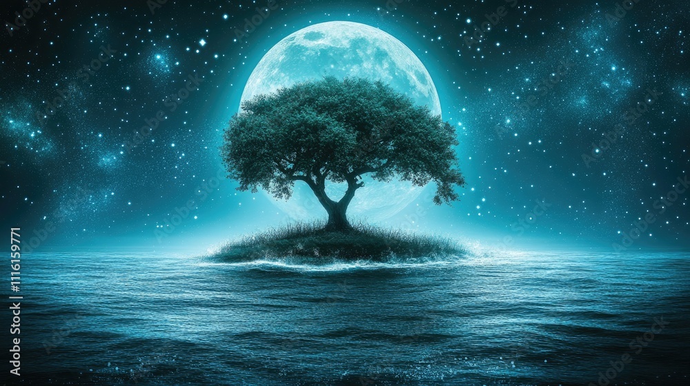 Poster majestic full moon illuminating a tranquil night sky with a solitary tree on calm waters creating a 